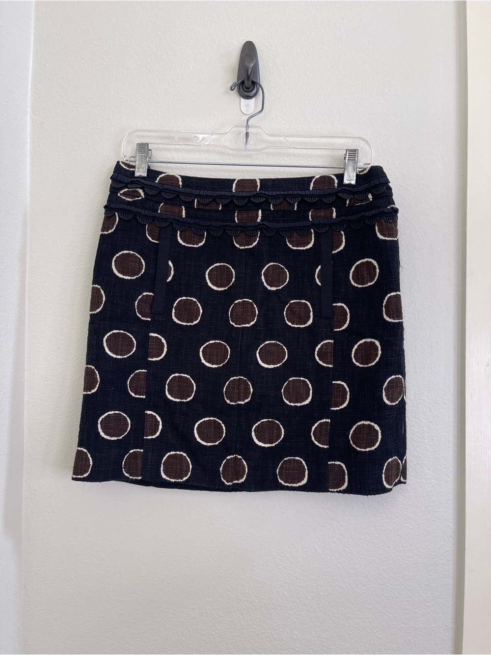 Tory Burch Spring Skirt Brown Dodda Polka Dot Ruffles Front Pockets Size 6 - Picture 3 of 8